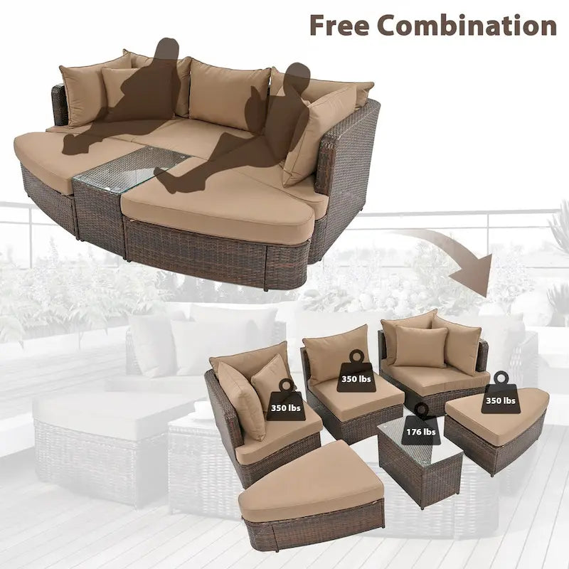 6-Piece Wicker Outdoor Sectional Conversation Set with Cushions - 2Corner Sofas&1Single Sofa&2Ottomans&1Table