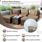6-Piece Wicker Outdoor Sectional Conversation Set with Cushions - 2Corner Sofas&1Single Sofa&2Ottomans&1Table