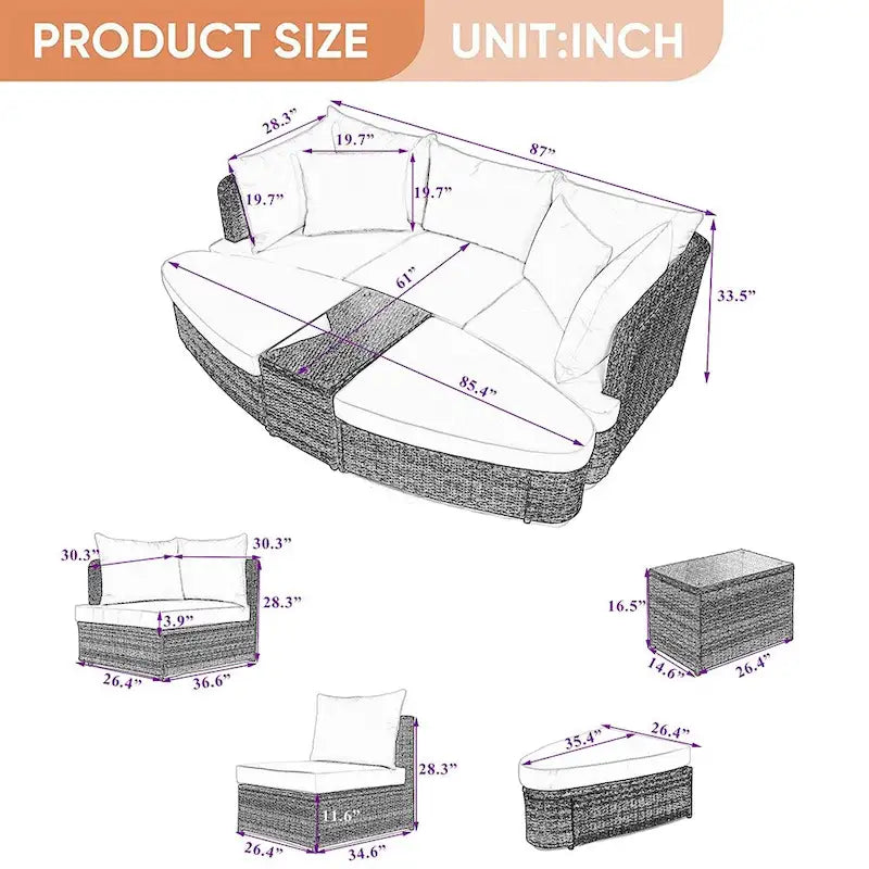 6-Piece Wicker Outdoor Sectional Conversation Set with Cushions - 2Corner Sofas&1Single Sofa&2Ottomans&1Table