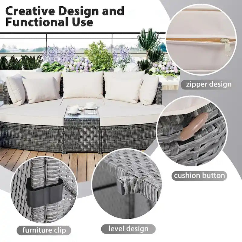6-Piece Wicker Outdoor Sectional Conversation Set with Cushions - 2Corner Sofas&1Single Sofa&2Ottomans&1Table