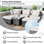 6-Piece Wicker Outdoor Sectional Conversation Set with Cushions - 2Corner Sofas&1Single Sofa&2Ottomans&1Table