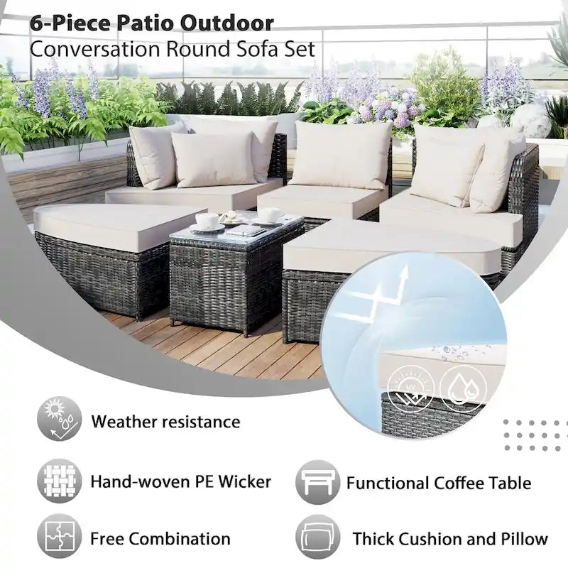 6-Piece Wicker Outdoor Sectional Conversation Set with Cushions - 2Corner Sofas&1Single Sofa&2Ottomans&1Table