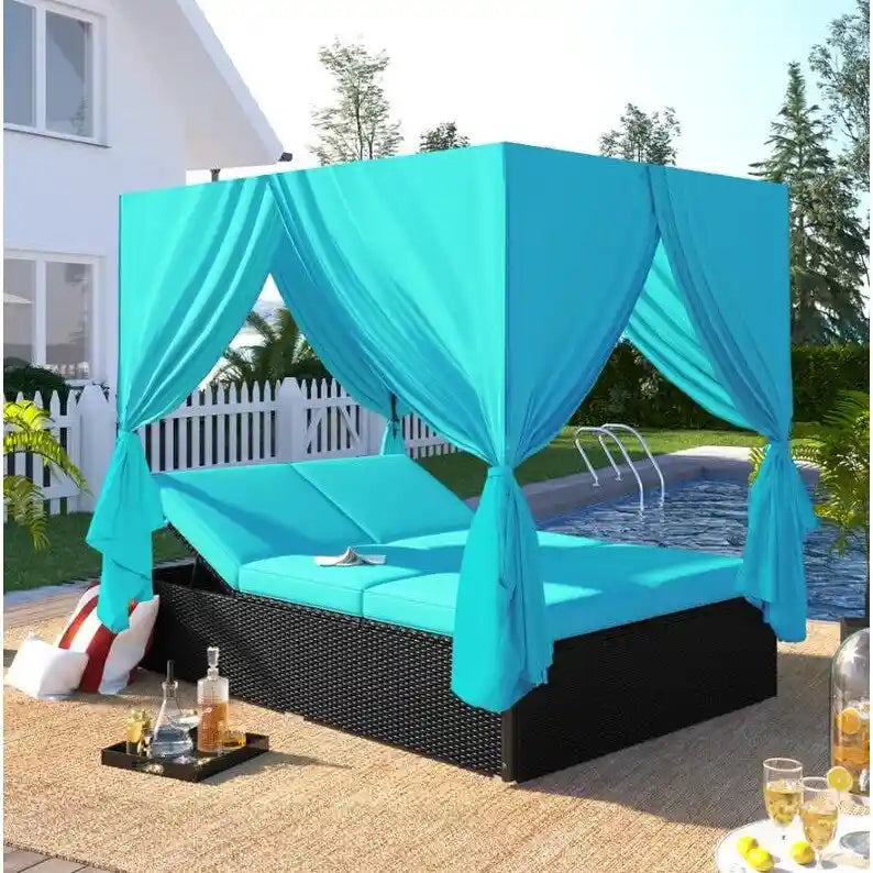 Adjustable Outdoor Patio Wicker Sunbed Daybed w/Cushions,Canopy