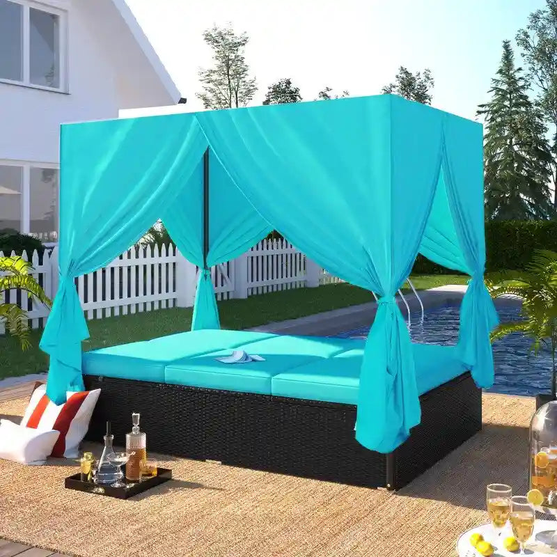 Adjustable Outdoor Patio Wicker Sunbed Daybed w/Cushions,Canopy