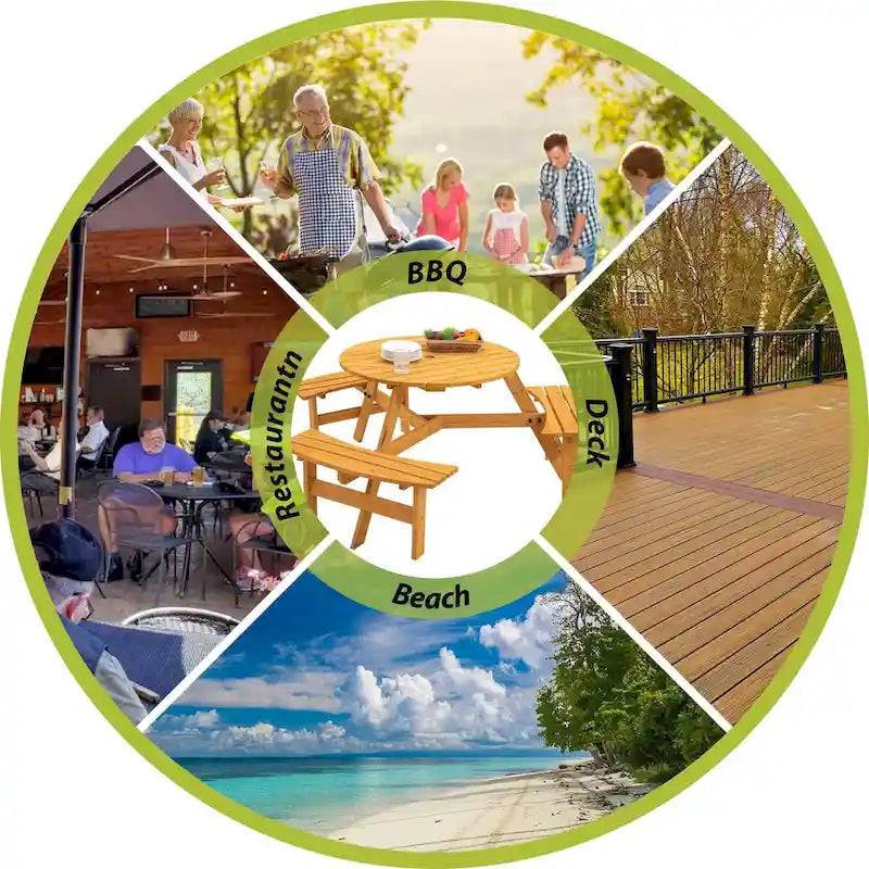 6-Person Circular Outdoor Wooden Picnic Table for Patio