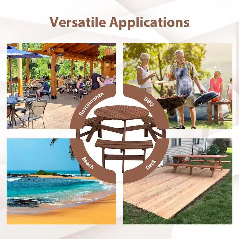6-Person Circular Outdoor Wooden Picnic Table for Patio