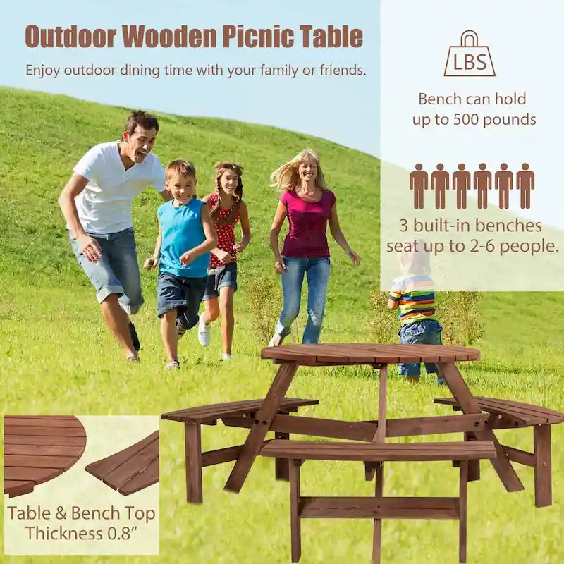 6-Person Circular Outdoor Wooden Picnic Table for Patio