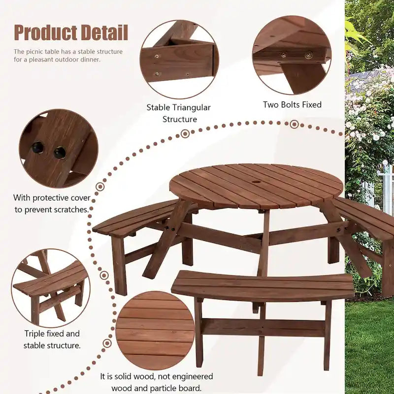 6-Person Circular Outdoor Wooden Picnic Table for Patio