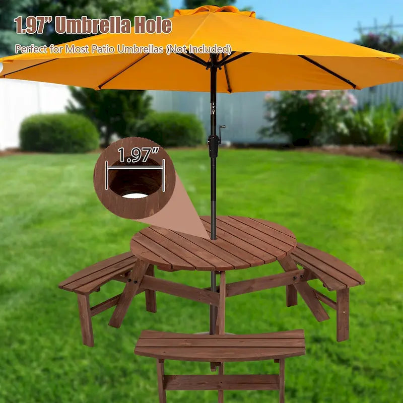 6-Person Circular Outdoor Wooden Picnic Table for Patio