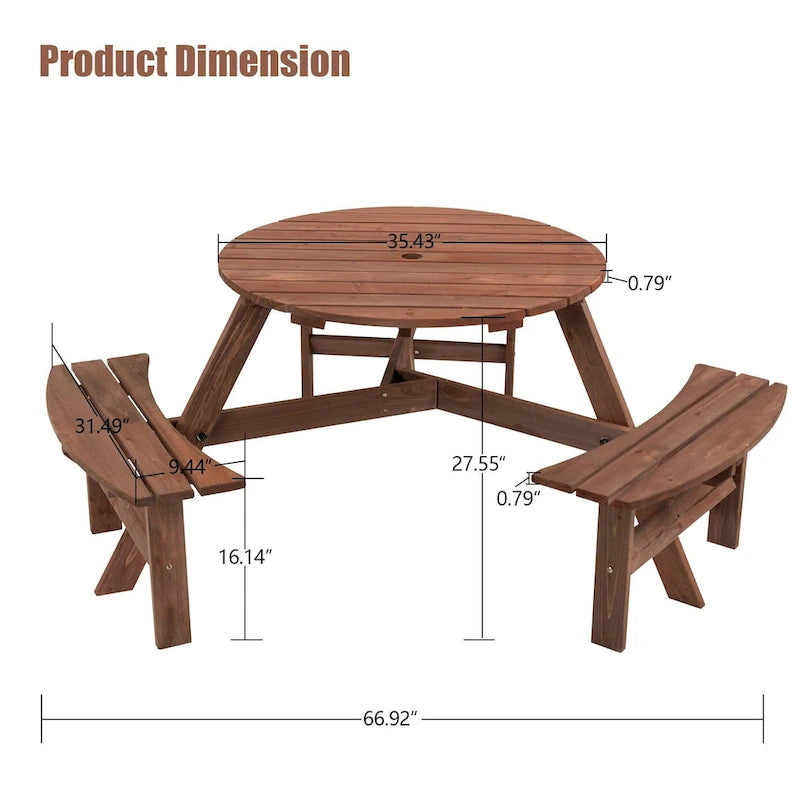 6-Person Circular Outdoor Wooden Picnic Table for Patio