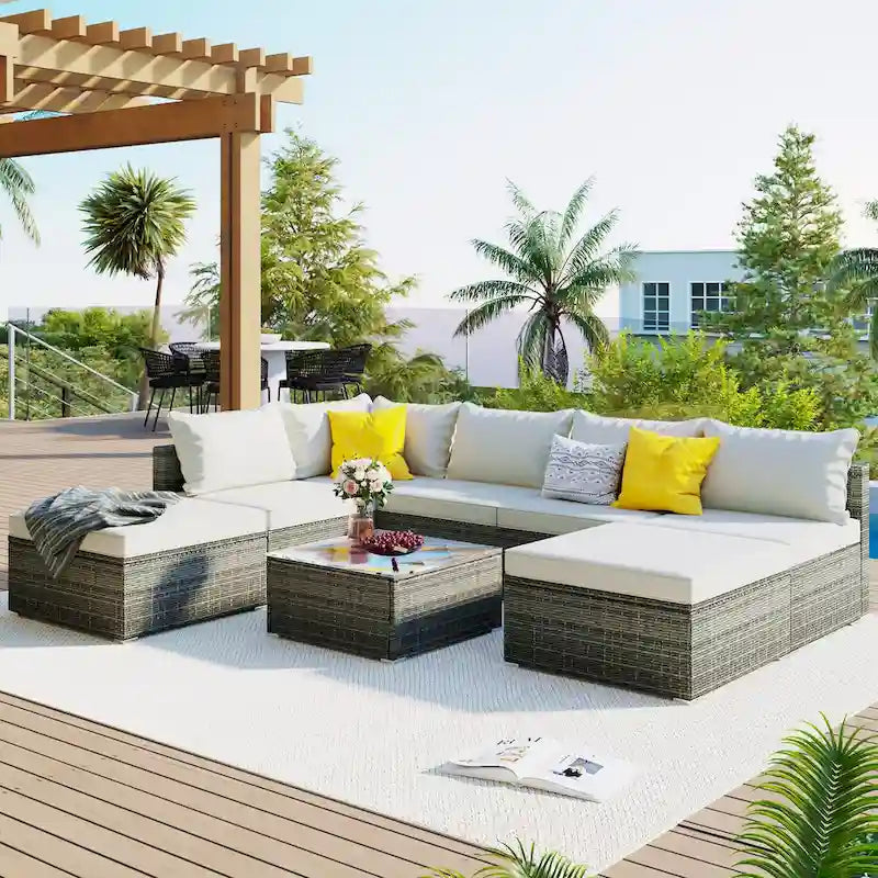 Stylish 8-Piece Outdoor Patio Furniture Set with Tempered Glass Table