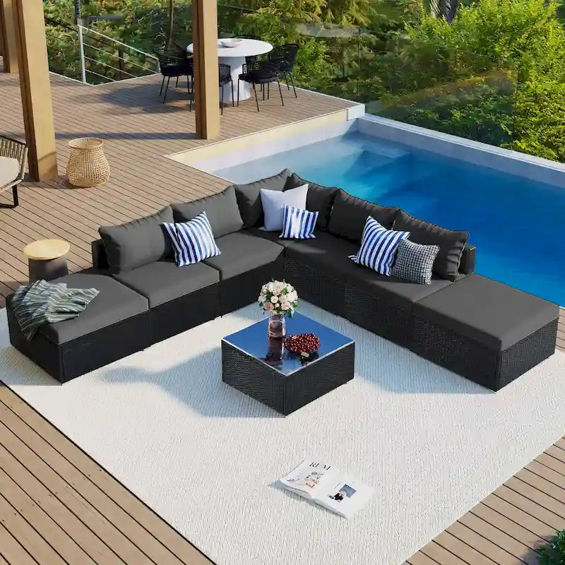 Stylish 8-Piece Outdoor Patio Furniture Set with Tempered Glass Table