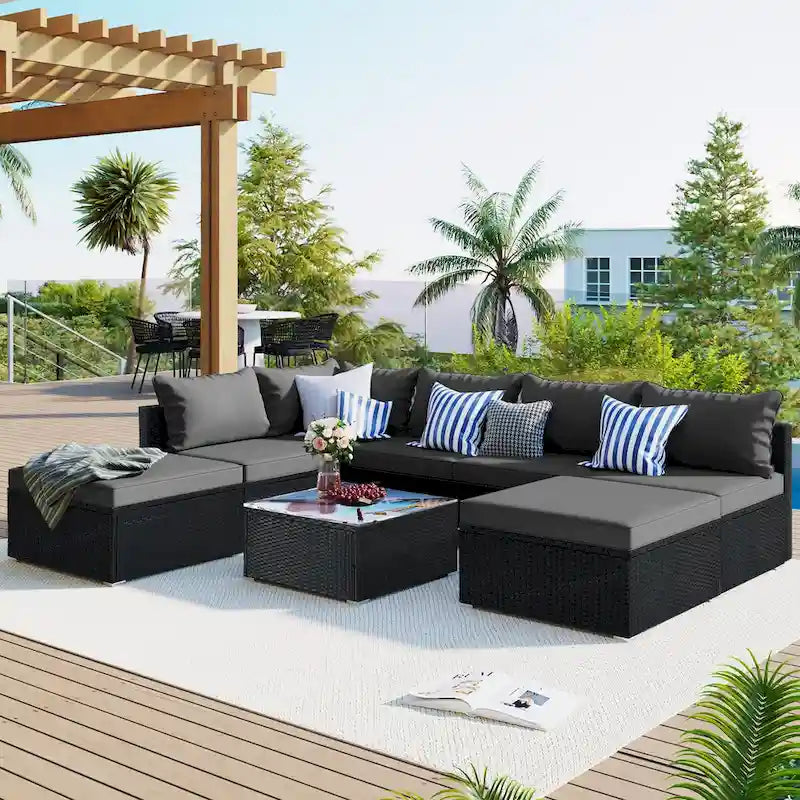 Stylish 8-Piece Outdoor Patio Furniture Set with Tempered Glass Table