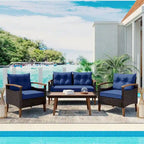 Comfortable 4-Piece Outdoor Patio Seating Set with PE Rattan Sofa and Wood Table - Blue and Beige, Water-Resistant Cushions