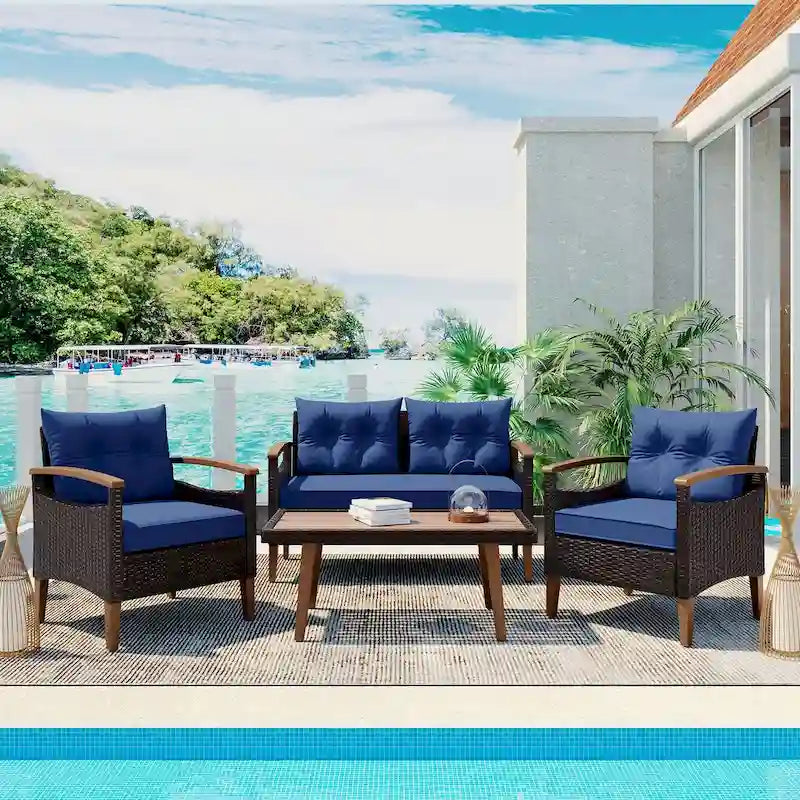 Comfortable 4-Piece Outdoor Patio Seating Set with PE Rattan Sofa and Wood Table - Blue and Beige, Water-Resistant Cushions