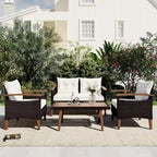 Comfortable 4-Piece Outdoor Patio Seating Set with PE Rattan Sofa and Wood Table - Blue and Beige, Water-Resistant Cushions