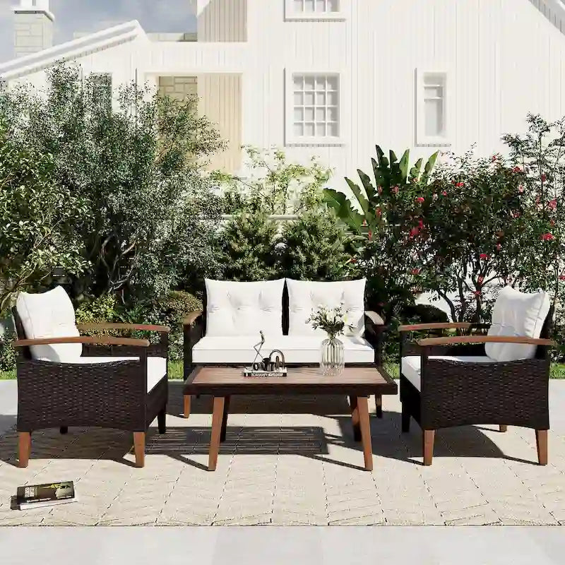 Comfortable 4-Piece Outdoor Patio Seating Set with PE Rattan Sofa and Wood Table - Blue and Beige, Water-Resistant Cushions