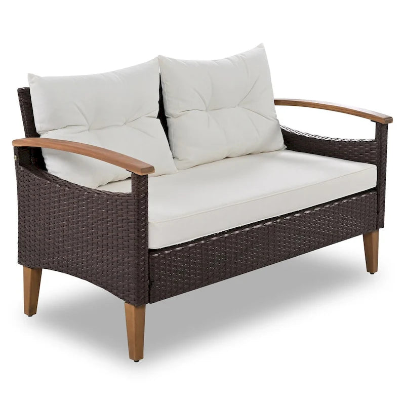 Comfortable 4-Piece Outdoor Patio Seating Set with PE Rattan Sofa and Wood Table - Blue and Beige, Water-Resistant Cushions