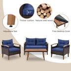 Comfortable 4-Piece Outdoor Patio Seating Set with PE Rattan Sofa and Wood Table - Blue and Beige, Water-Resistant Cushions