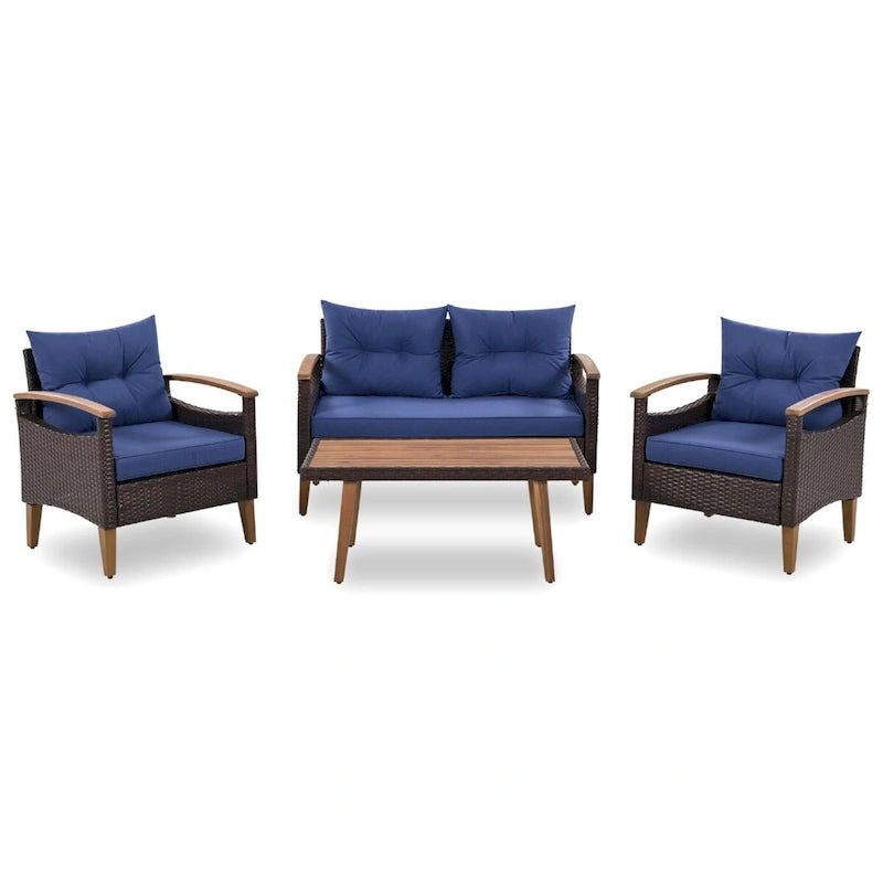 Comfortable 4-Piece Outdoor Patio Seating Set with PE Rattan Sofa and Wood Table - Blue and Beige, Water-Resistant Cushions