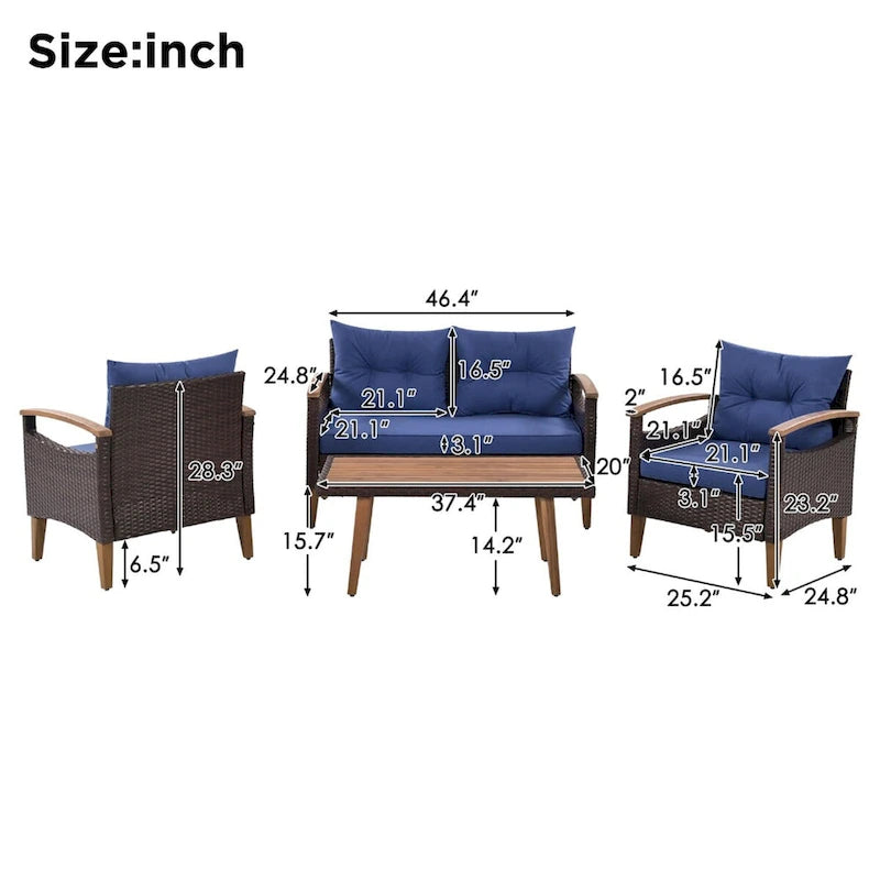 Comfortable 4-Piece Outdoor Patio Seating Set with PE Rattan Sofa and Wood Table - Blue and Beige, Water-Resistant Cushions