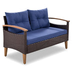 Comfortable 4-Piece Outdoor Patio Seating Set with PE Rattan Sofa and Wood Table - Blue and Beige, Water-Resistant Cushions