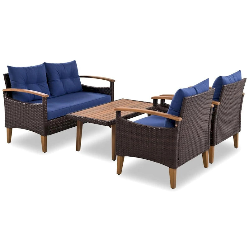 Comfortable 4-Piece Outdoor Patio Seating Set with PE Rattan Sofa and Wood Table - Blue and Beige, Water-Resistant Cushions