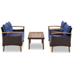 Comfortable 4-Piece Outdoor Patio Seating Set with PE Rattan Sofa and Wood Table - Blue and Beige, Water-Resistant Cushions
