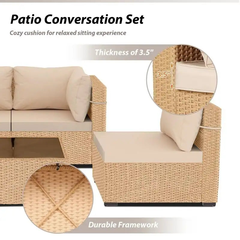 Patio Watcher 5-Pieces Yellow Rattan Conversation Set with Cusions for Outdoors