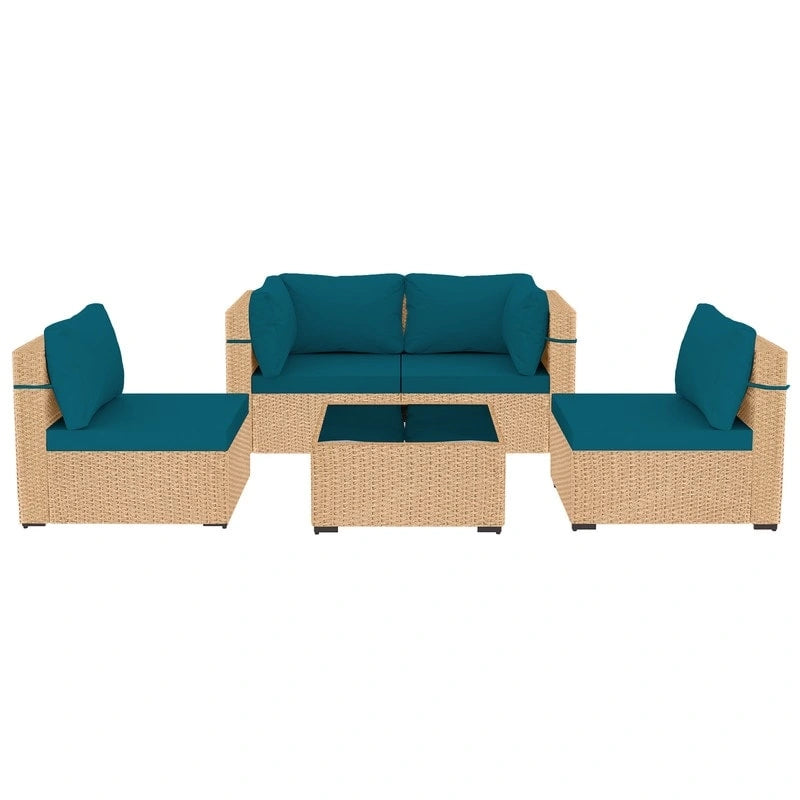 Patio Watcher 5-Pieces Yellow Rattan Conversation Set with Cusions for Outdoors