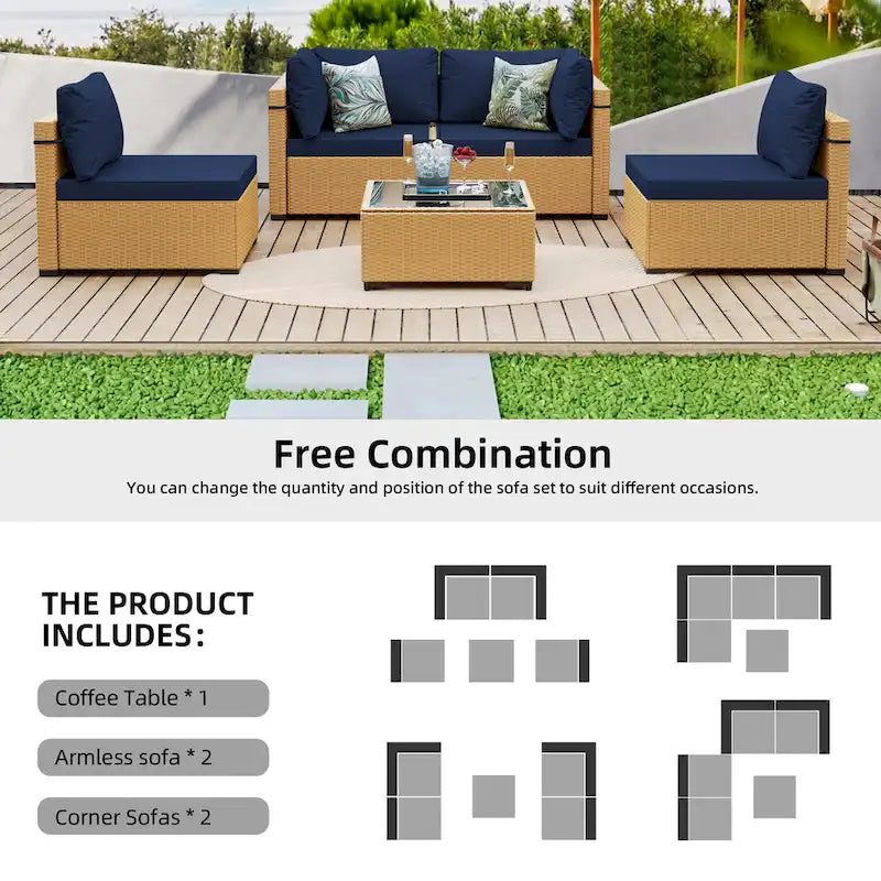 Patio Watcher 5-Pieces Yellow Rattan Conversation Set with Cusions for Outdoors