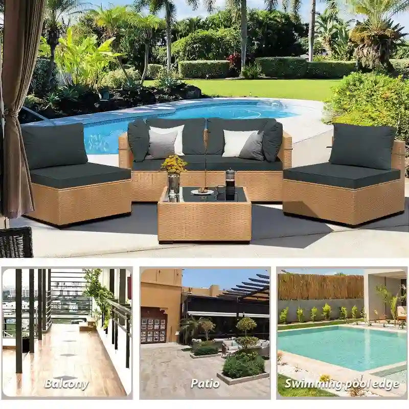 Patio Watcher 5-Pieces Yellow Rattan Conversation Set with Cusions for Outdoors