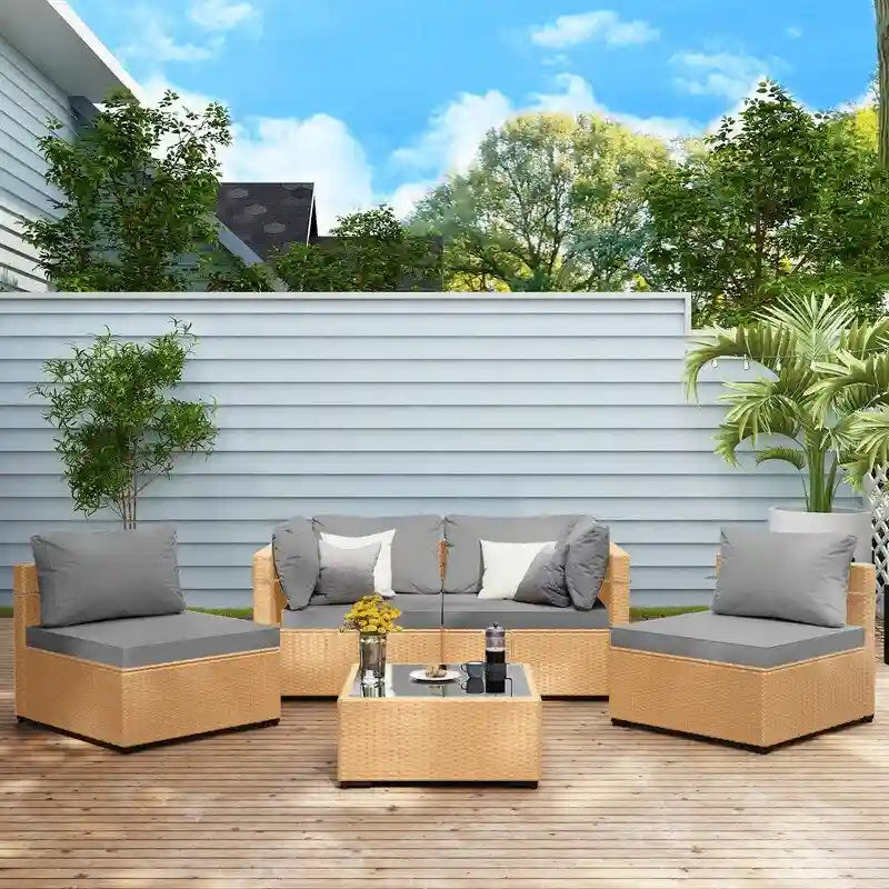 Patio Watcher 5-Pieces Yellow Rattan Conversation Set with Cusions for Outdoors