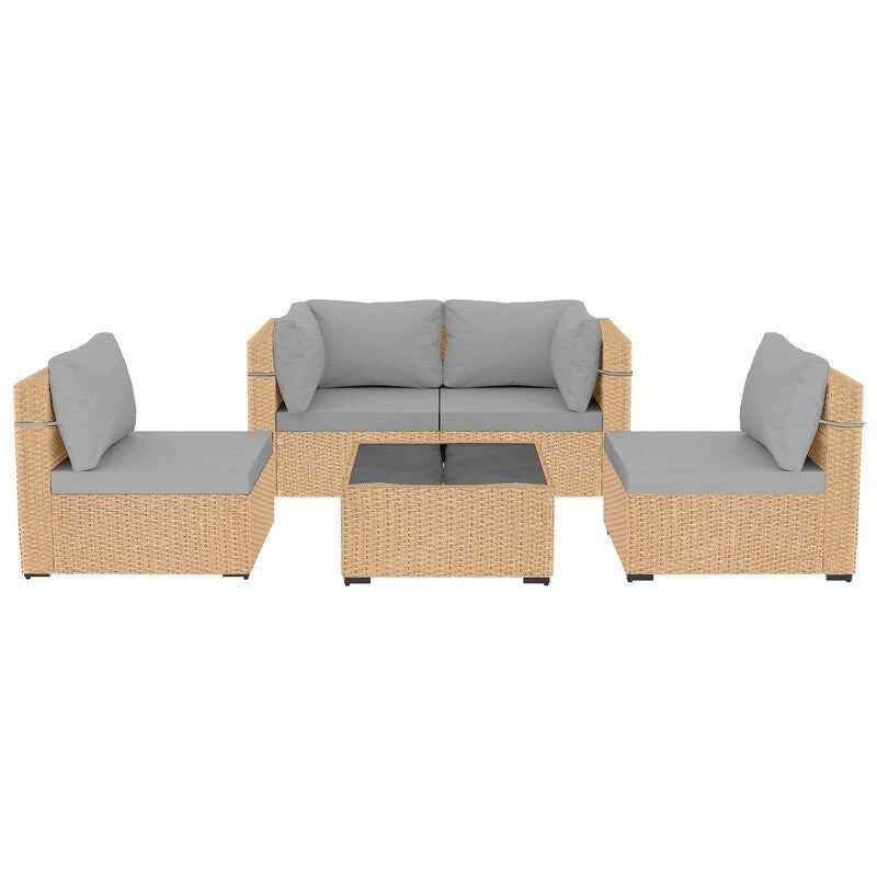 Patio Watcher 5-Pieces Yellow Rattan Conversation Set with Cusions for Outdoors