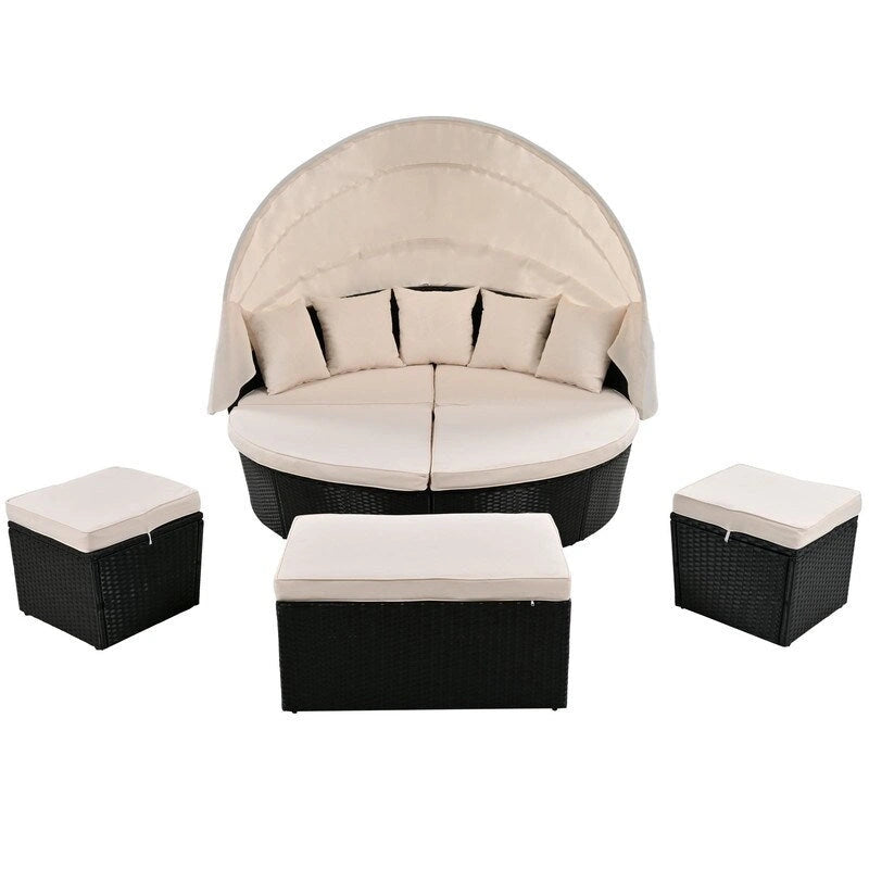 Outdoor Round Rattan Daybed Sunbed w/Retractable Canopy, Washable Cushions