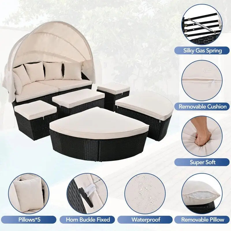 Outdoor Round Rattan Daybed Sunbed w/Retractable Canopy, Washable Cushions