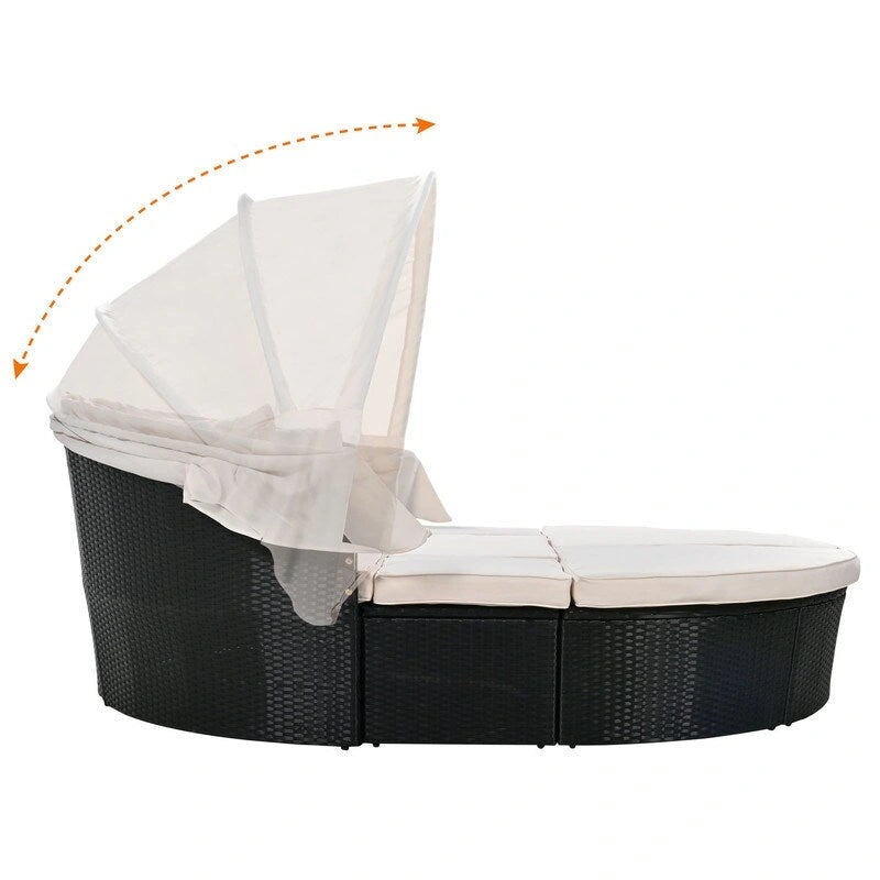 Outdoor Round Rattan Daybed Sunbed w/Retractable Canopy, Washable Cushions