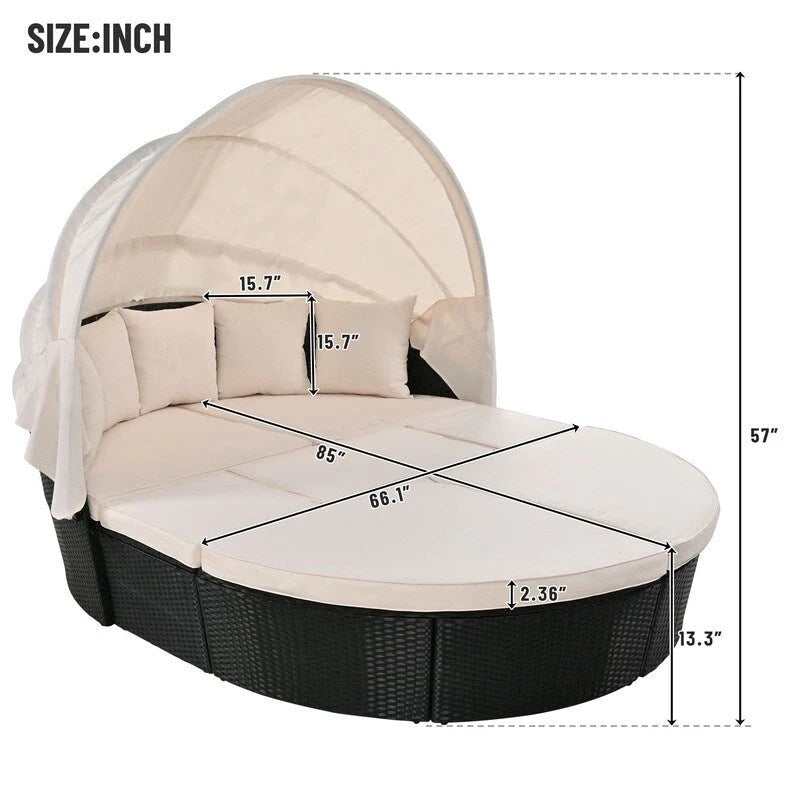 Outdoor Round Rattan Daybed Sunbed w/Retractable Canopy, Washable Cushions