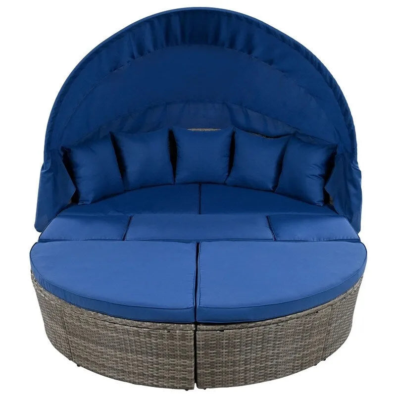 Outdoor Round Rattan Daybed Sunbed w/Retractable Canopy, Washable Cushions