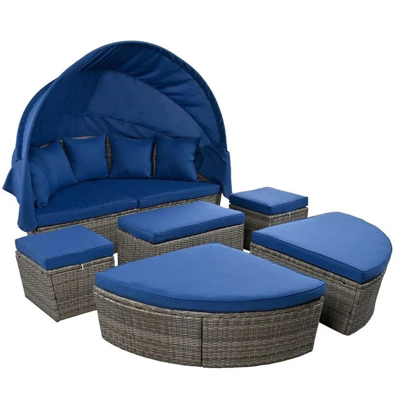 Outdoor Round Rattan Daybed Sunbed w/Retractable Canopy, Washable Cushions