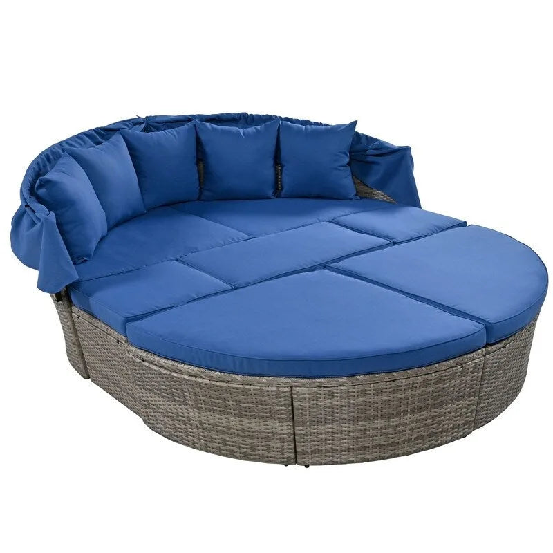 Outdoor Round Rattan Daybed Sunbed w/Retractable Canopy, Washable Cushions