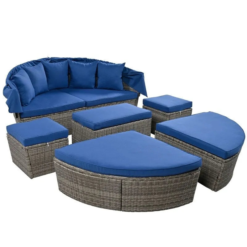 Outdoor Round Rattan Daybed Sunbed w/Retractable Canopy, Washable Cushions