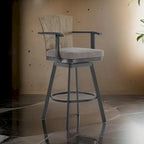 Luna 30 Inch Outdoor Swivel Barstool Chair, Rustic Teak Wood, Black