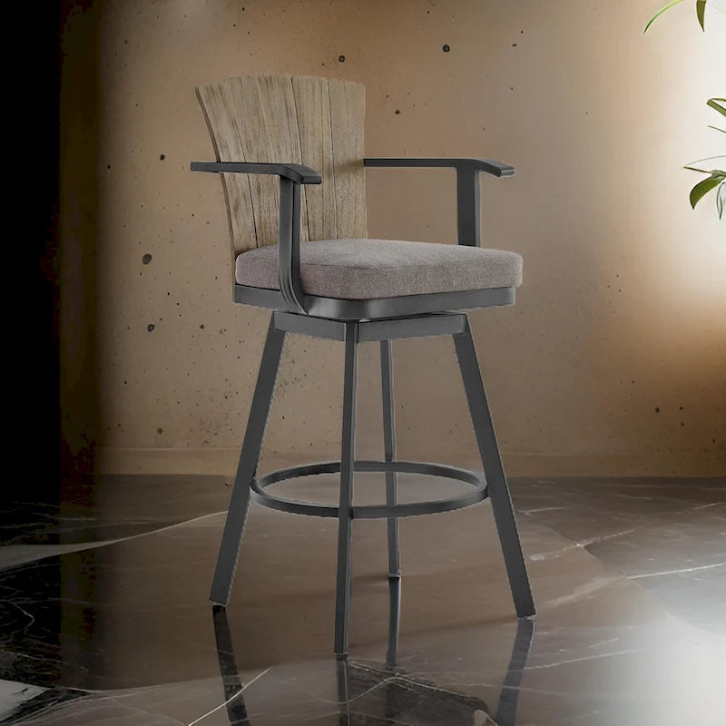 Luna 30 Inch Outdoor Swivel Barstool Chair, Rustic Teak Wood, Black