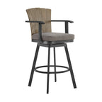 Luna 30 Inch Outdoor Swivel Barstool Chair, Rustic Teak Wood, Black