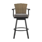 Luna 30 Inch Outdoor Swivel Barstool Chair, Rustic Teak Wood, Black