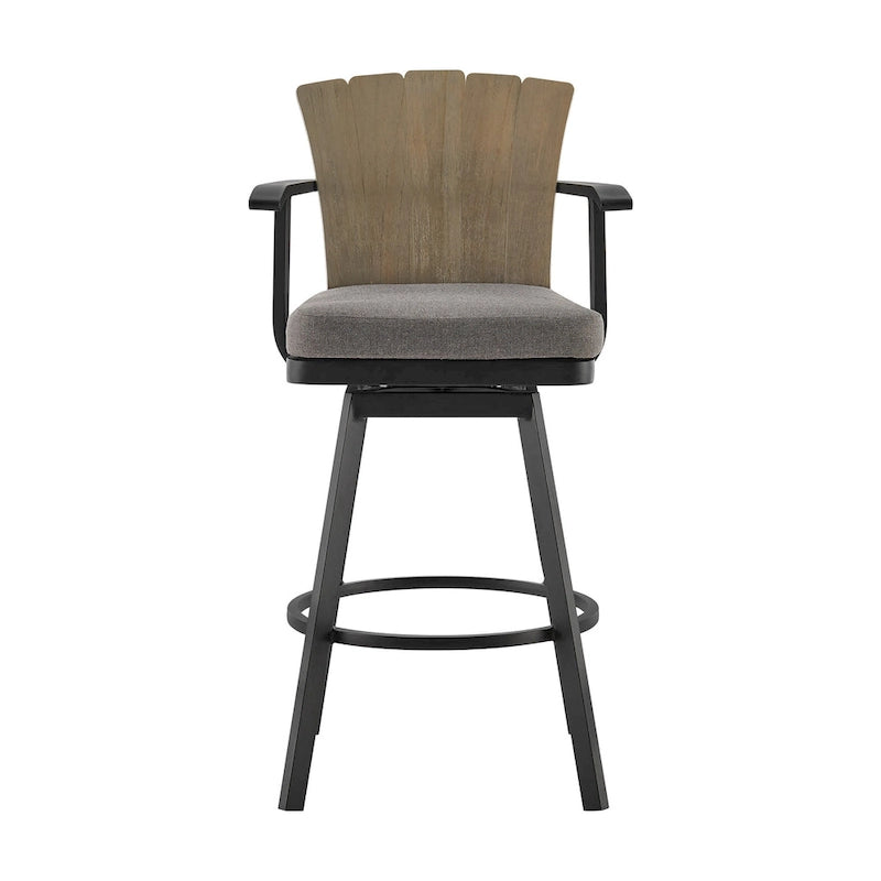 Luna 30 Inch Outdoor Swivel Barstool Chair, Rustic Teak Wood, Black