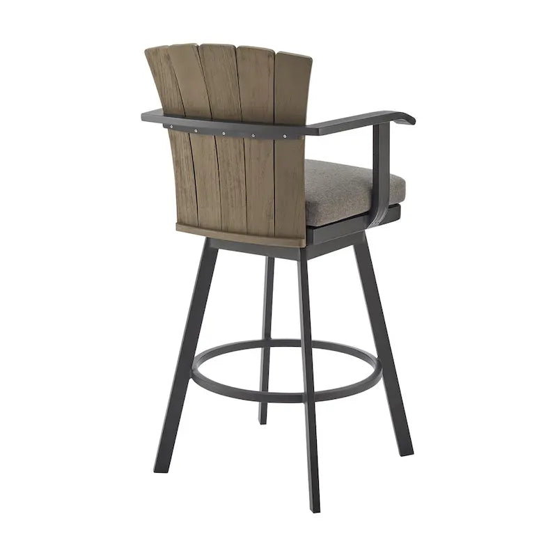 Luna 30 Inch Outdoor Swivel Barstool Chair, Rustic Teak Wood, Black