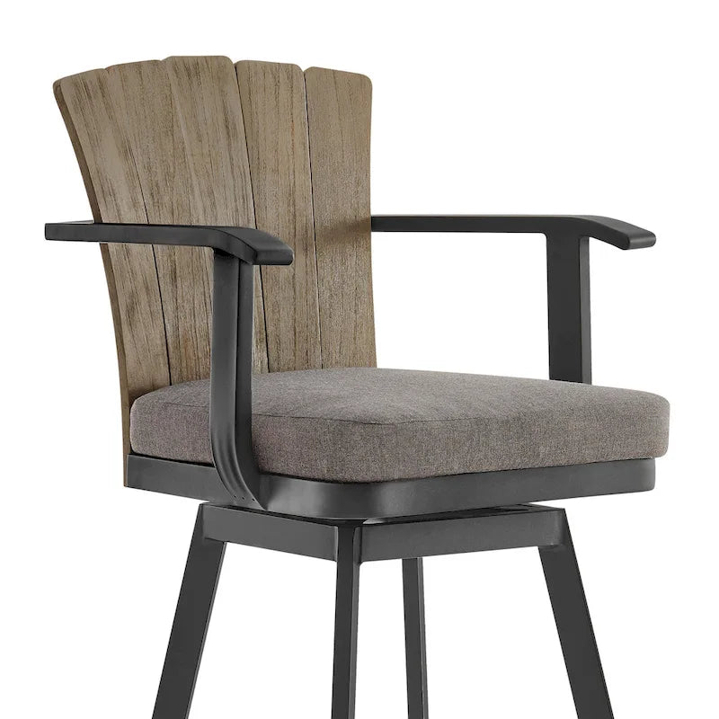 Luna 30 Inch Outdoor Swivel Barstool Chair, Rustic Teak Wood, Black