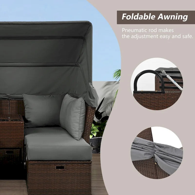 2-Seater Outdoor Patio Daybed Outdoor Double Daybed Outdoor Loveseat Sofa Set with Foldable Awning and Cushions for Garden